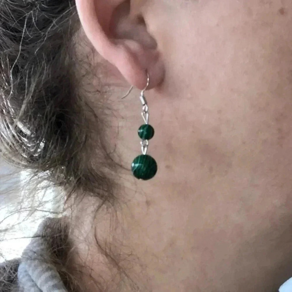 Malachite Green 10mm & 6mm Double Bead Silver Drop Earrings NWT - Picture 2 of 3